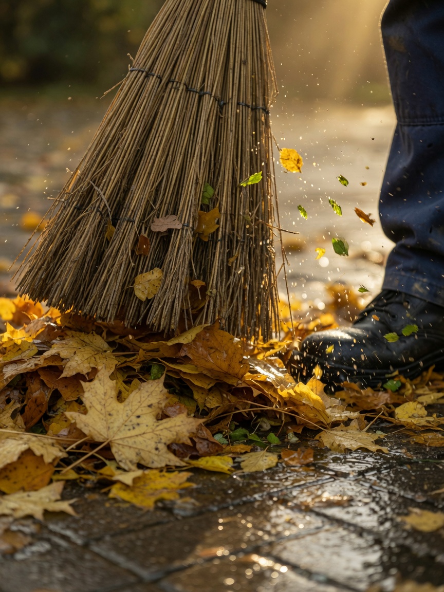 Reisigbesen kehrt nasses Herbstlaub von einem gepflasterten Gehweg — Hausmeisterservice von Fiolent