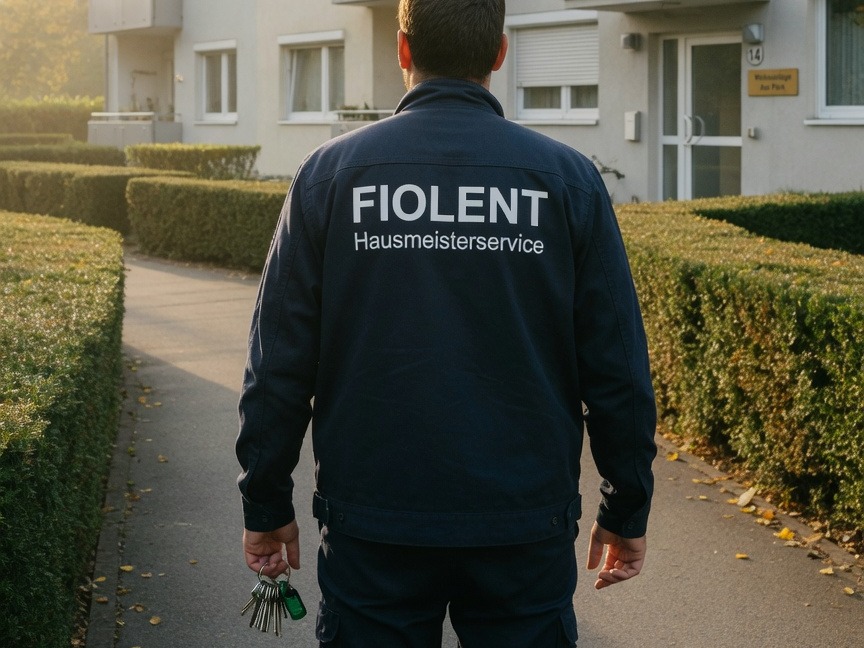 Fiolent-Objektbetreuer mit Schlüsselbund beim Rundgang an einem Mehrfamilienhaus